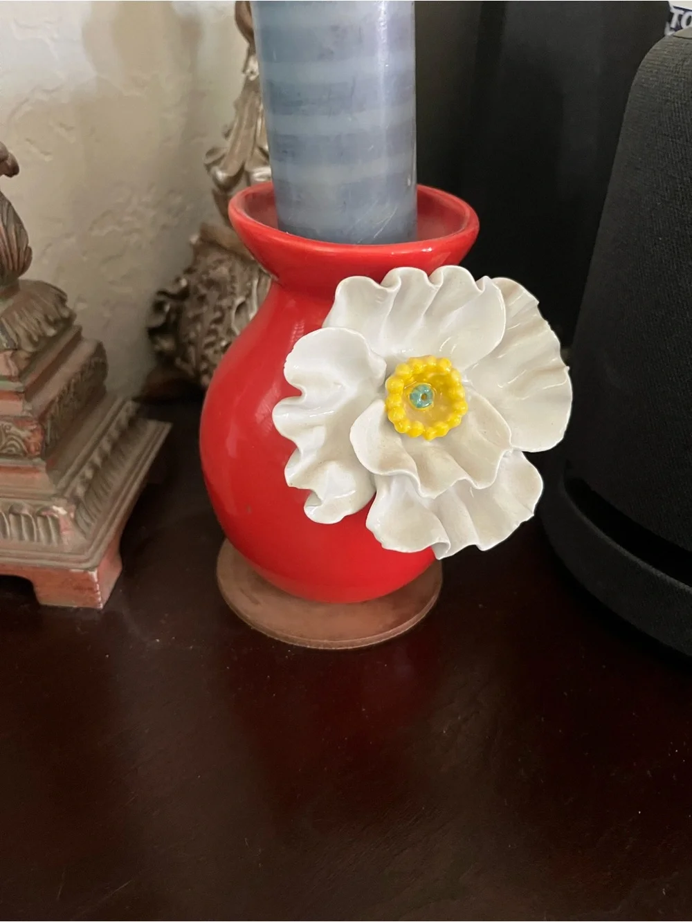 White Floral Ceramic Accent Vase with Coral Base